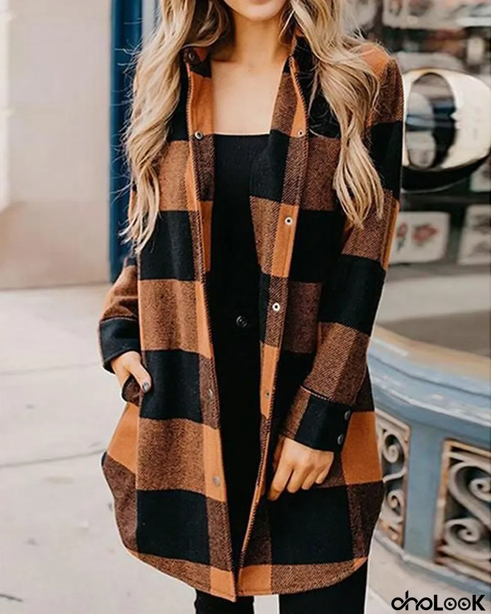 Turn-down Collar Orange Plaid Shirt Coat