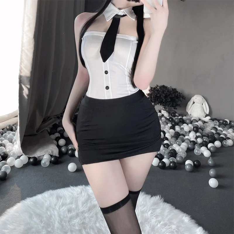Sexy Office Lady Cosplay Costumes With Tie Erotic Lingerie For Women Stewardess Outfit Secretary Split Dress White Hot Hip New