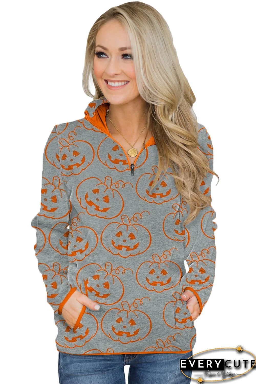 Gray Quarter Zip Pumpkin Print Sweatshirt With Pockets