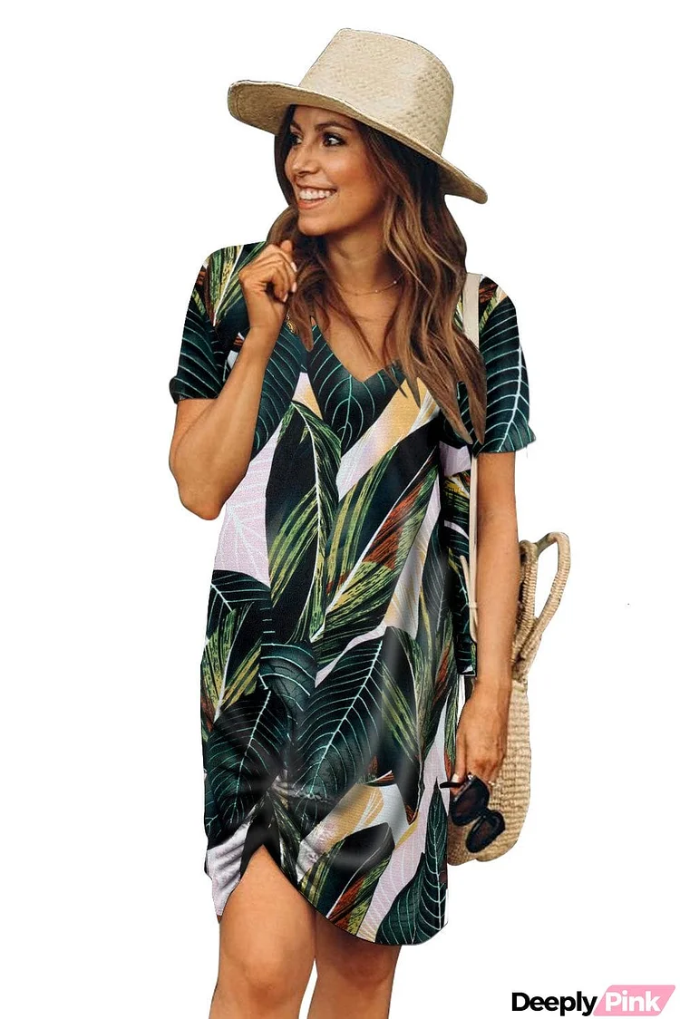 Palm Print Short Sleeve Side Knot T-shirt Dress