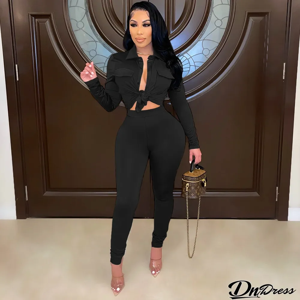 Women's Sexy Fashion Pocket Shirt Spring Autumn Long Sleeve Two Piece Suit