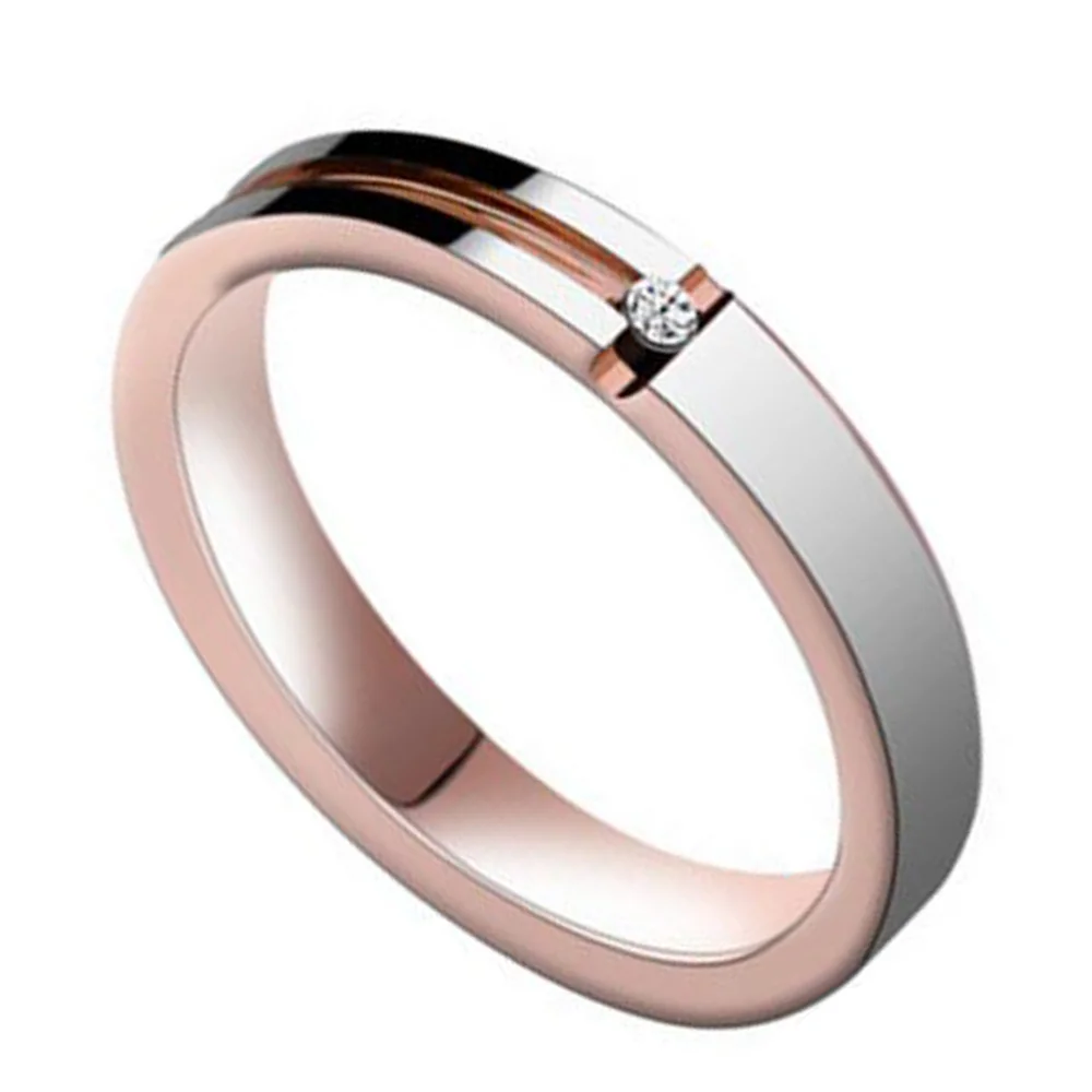 4MM 6MM Couples Groove Tungsten Rose Gold Wedding Bands With CZ Diamond
