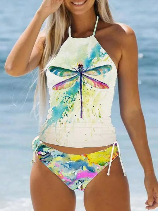 Tie Dye Color Dragonfly Print Bikini Set