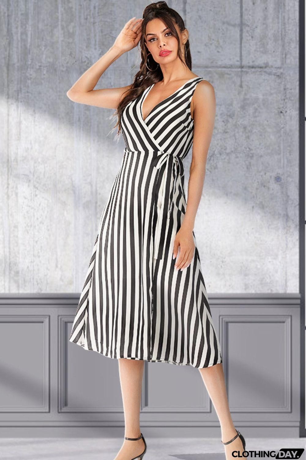 Striped Surplice Tied Sleeveless Dress