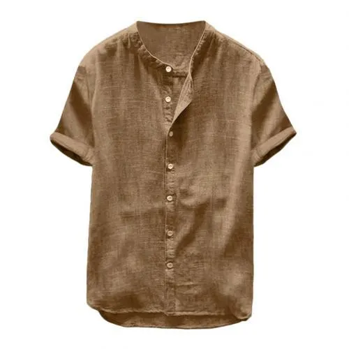 Men Casual Solid Color Short Sleeve Cotton Linen Button Down Beach Loose Shirt Suitable for work school travel daily wear