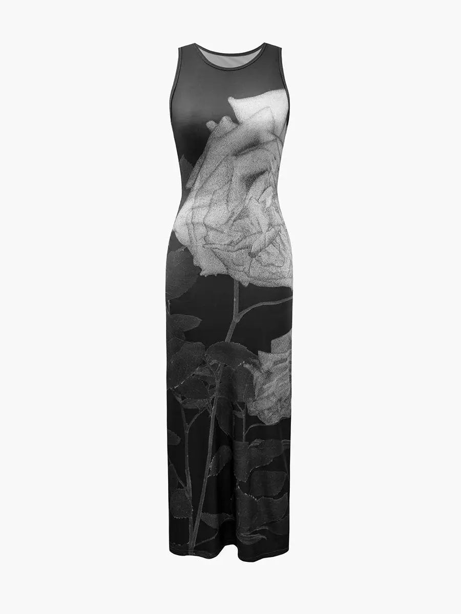 Round Neck Sleeveless Floral Maxi Dress
