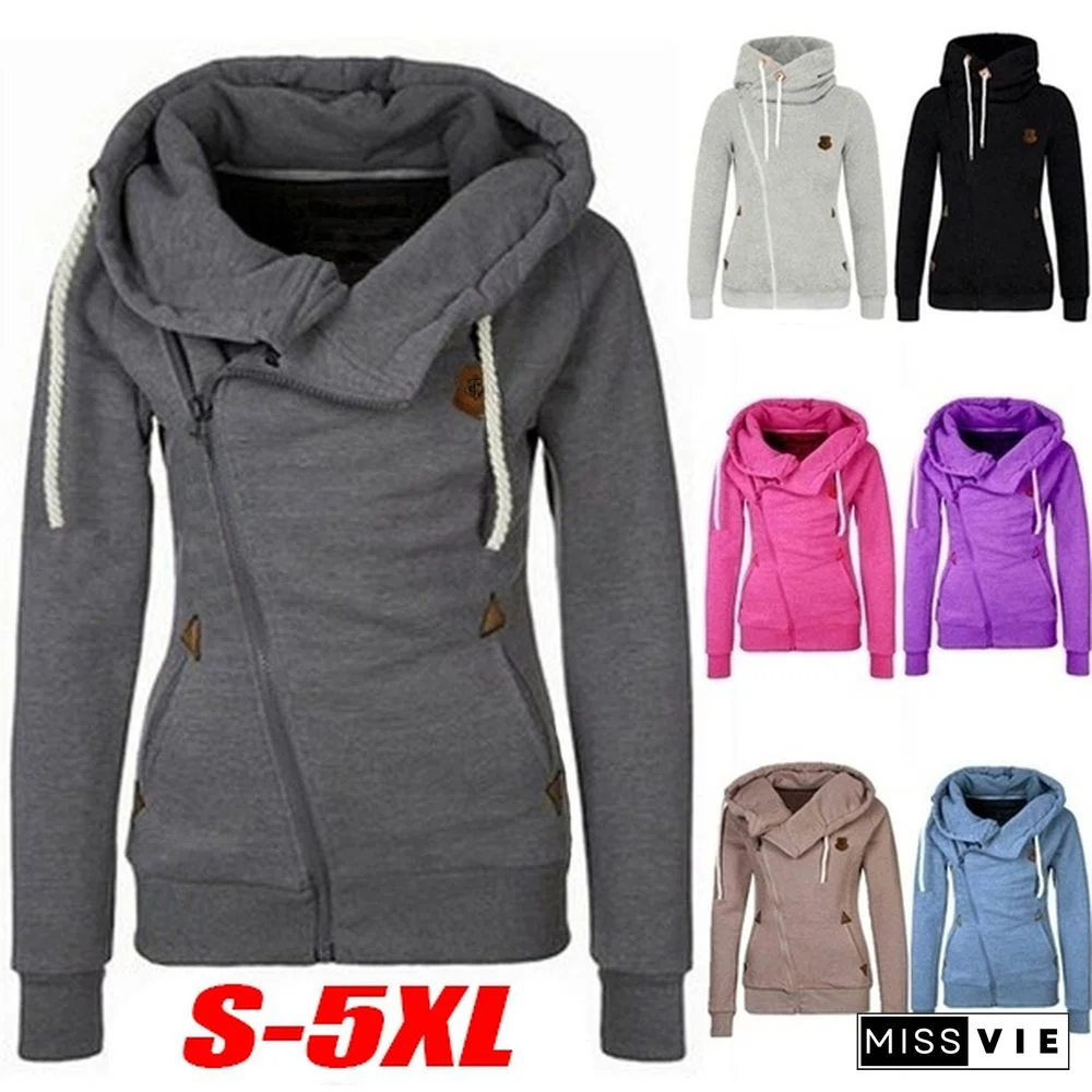 New Fashion Winter Woman Sports Personality Side Zipper Hooded Sweatshirt Candy Colored Sweater Coat