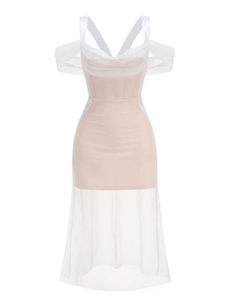 Toloer Silver Bustier Off-Shoulder Mesh Midi Dress-Outfit Ideas