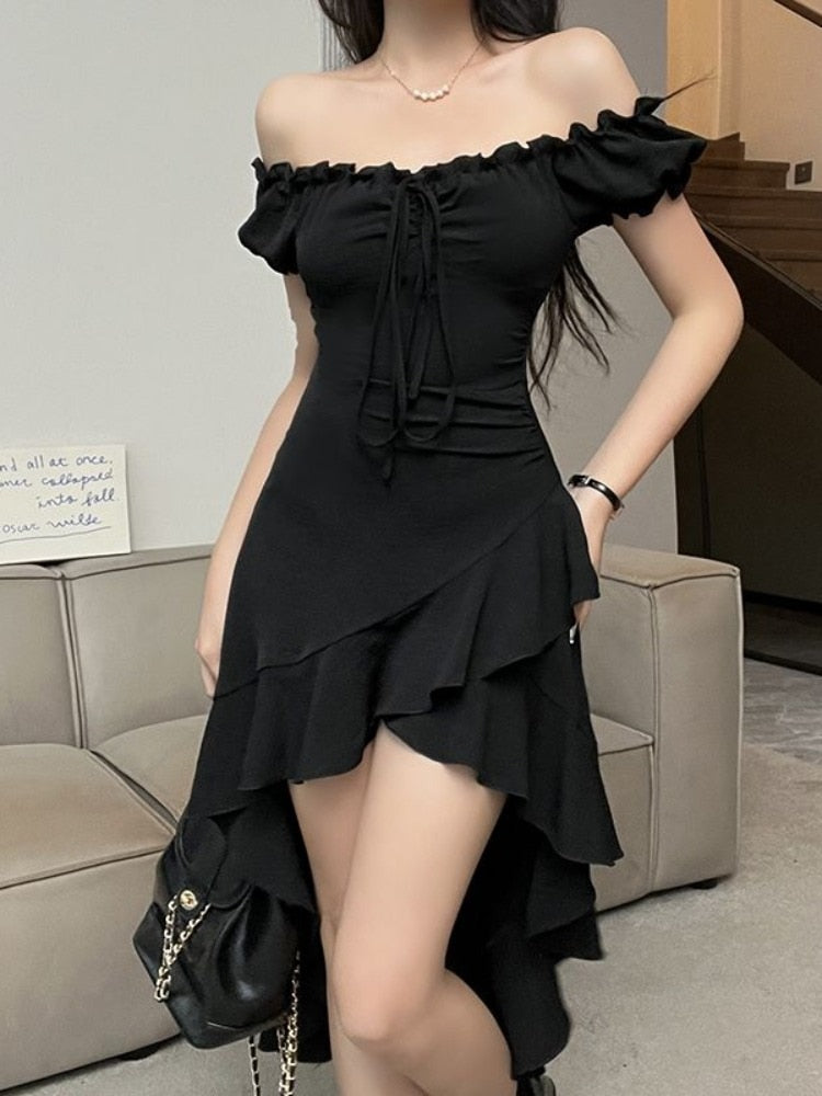 Elegant Vintage Black Dress Women Summer Ruffles Patchwork Sexy Off Shoulder Slim Irregular Chic Harajuku Casual Dresses LANFUBEISI