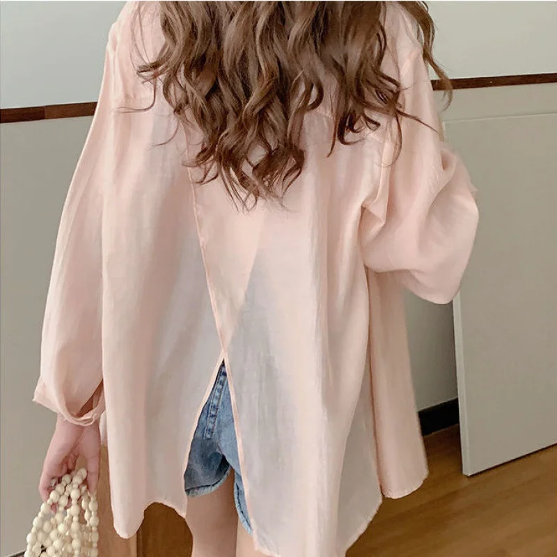 Uveng Uveng Sense Behind The Fork Long-Sleeved Shirt Women Loose Solid Color Wear Sunscreen Summer New Women