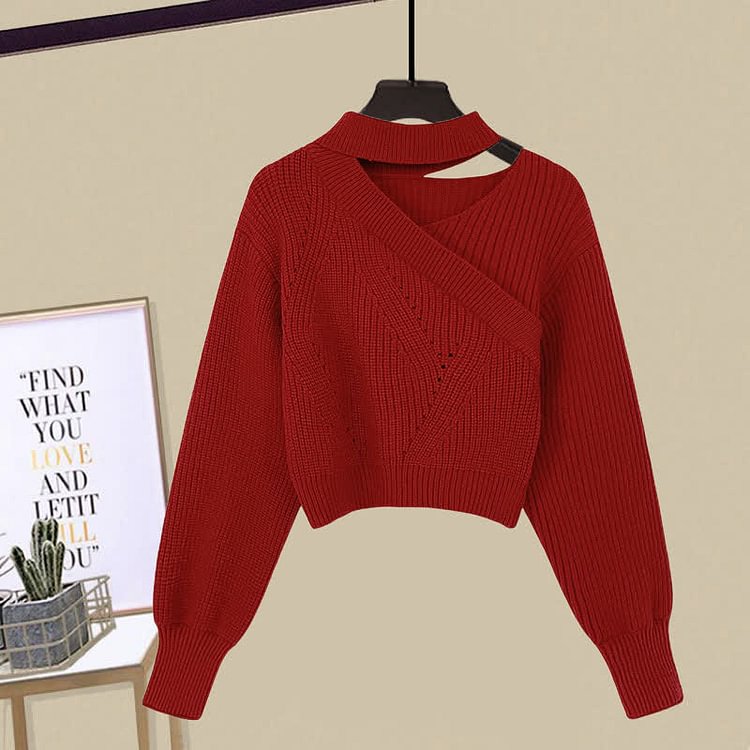 Oblique Pure Color Sweater Flouncing Slip Dress Two Pieces - Modakawa modakawa