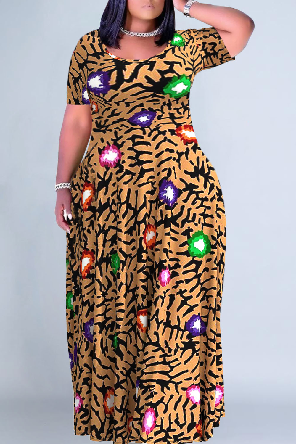 Plus Size Brown Casual Leopard Print Round Neck Short Sleeve Maxi Dresses [Pre-Order]