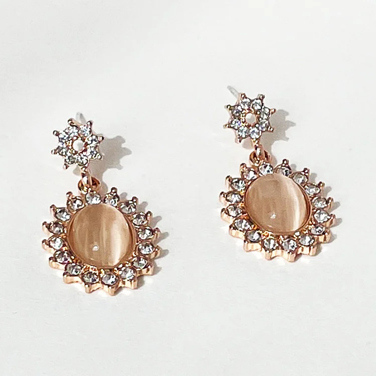 Daily Rose Gold Oval Cat Eye Stone Rhinestone Earrings  Flycurvy [product_label]