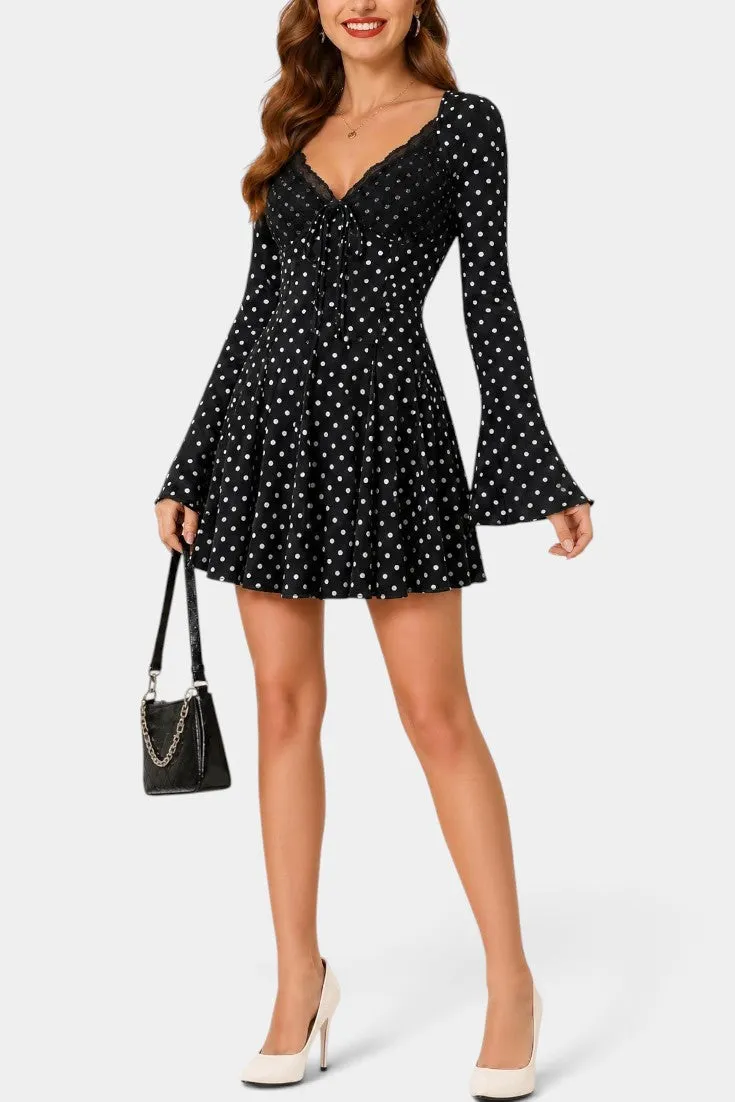 Polka-Dot V-Neck Dress with Bell Sleeves