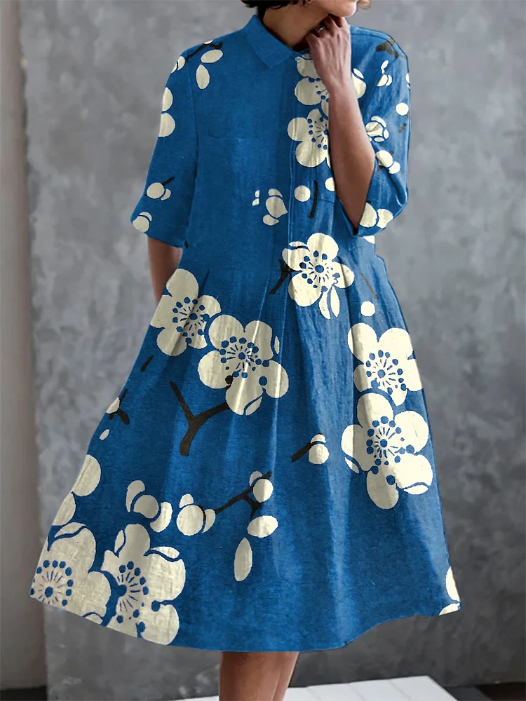 Vintage Japanese Plum Blossom Print Casual Elegant Pocket Half Sleeve Dress