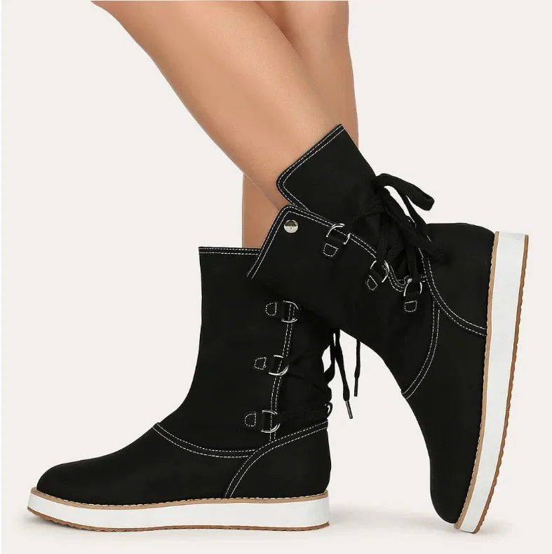 Winter Boots Women 2021 Thick-soled Lace Up Leopard Casual Martin Boots Fashion Round Toe Non-slip Mid Calf Boots Botas De Mujer