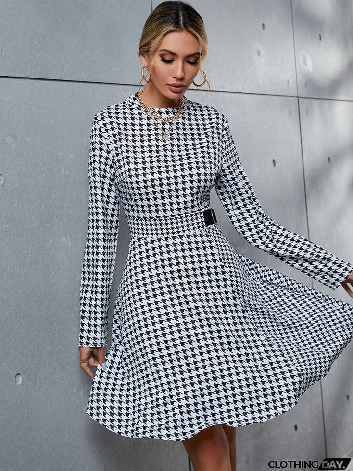 Houndstooth Long Sleeve Round Neck Dress