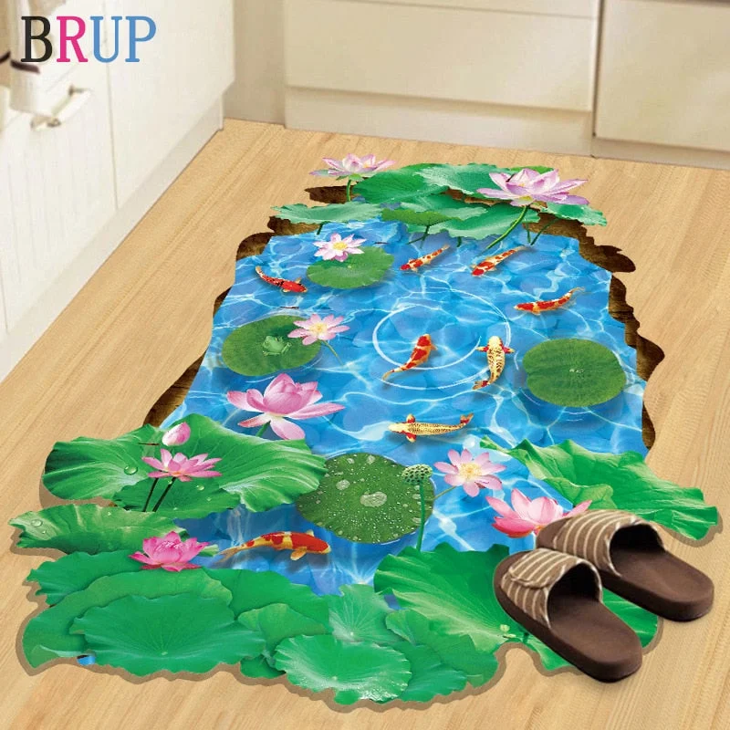 Creative Fish Pond 3D Floor Stickers Lotus Leaf Flower Wall Stickers Art Vinyl Room Decoration Romantic Floor Decals Waterproof