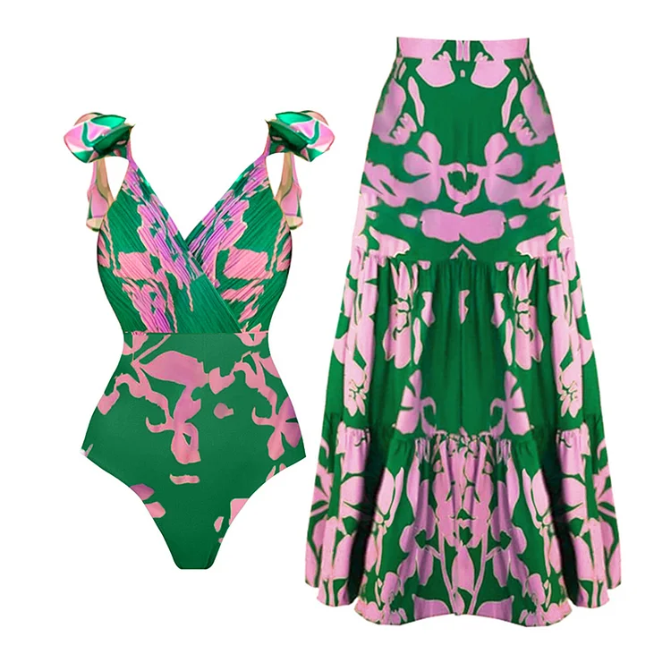 Sling Ruffle Printed One Piece Swimsuit and Skirt
