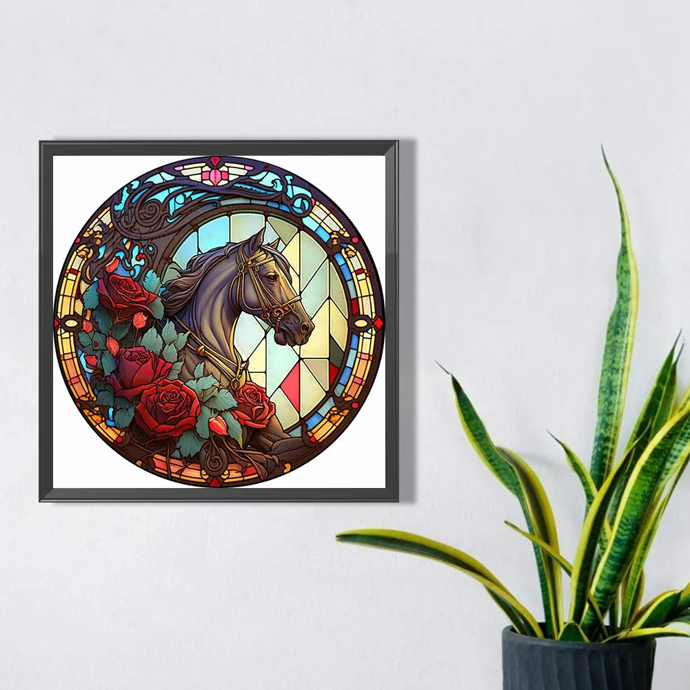 Diamond Painting - Full Round Drill - Stained Glass Rose Horse(30*30cm)