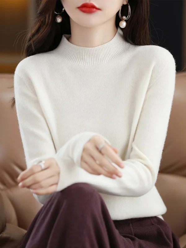 Office Long Sleeves Solid Color High-Neck Sweater Tops Pullovers