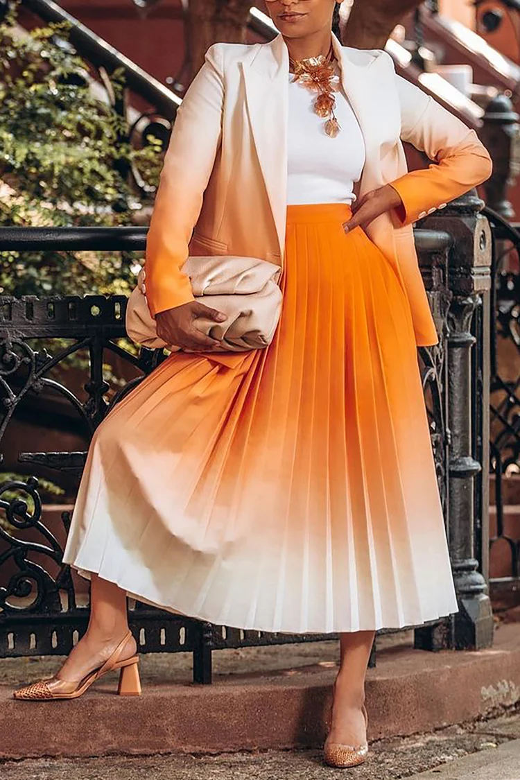 Plus Size Business Casual Skirt Set Orange Gradient Pleated Long Sleeve Blazer Suit Two Piece Skirt Set [Pre-Order]