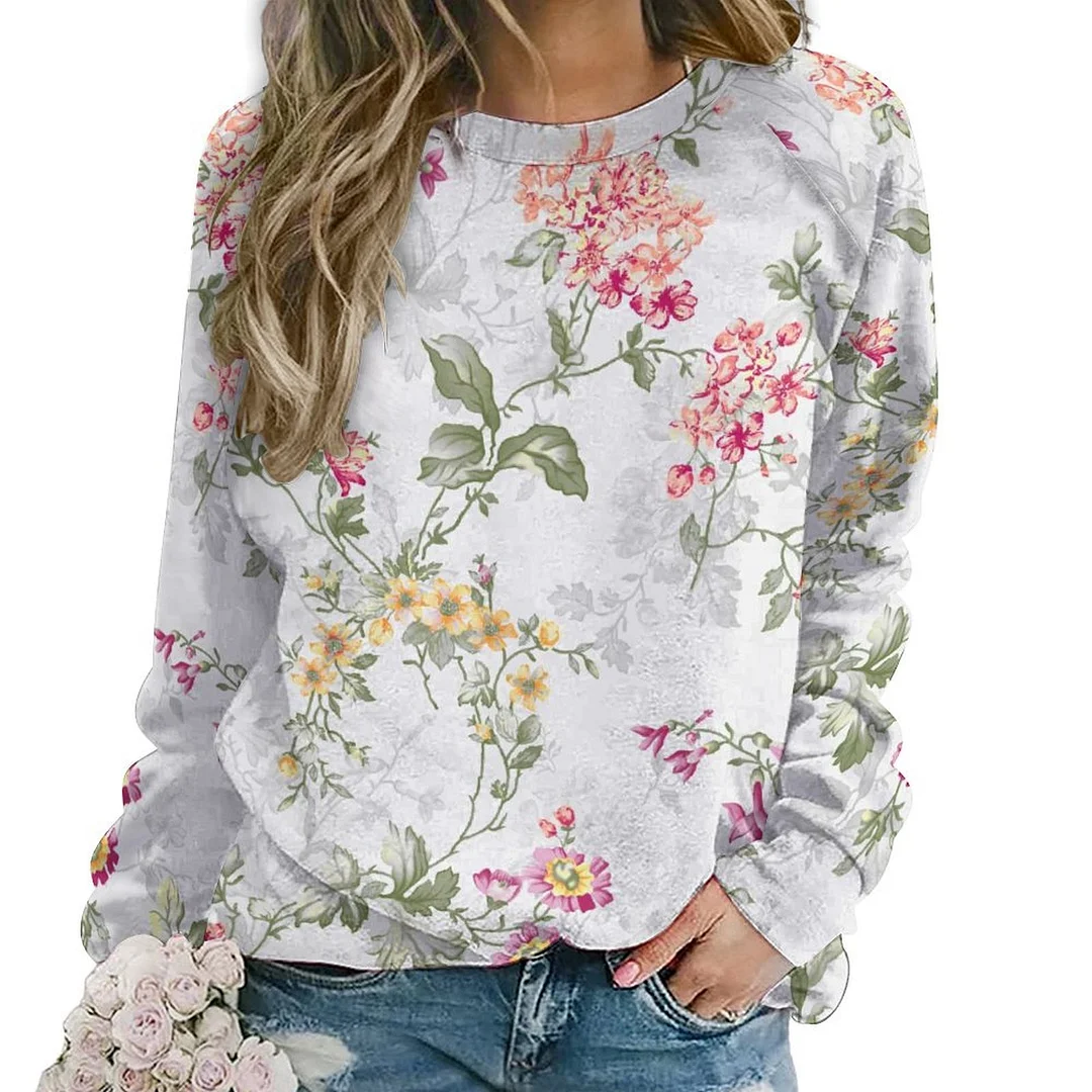 Printed Long Sleeve Casual Sweatshirt for  Women and Men Unisex Pattern Floral, Red, Green