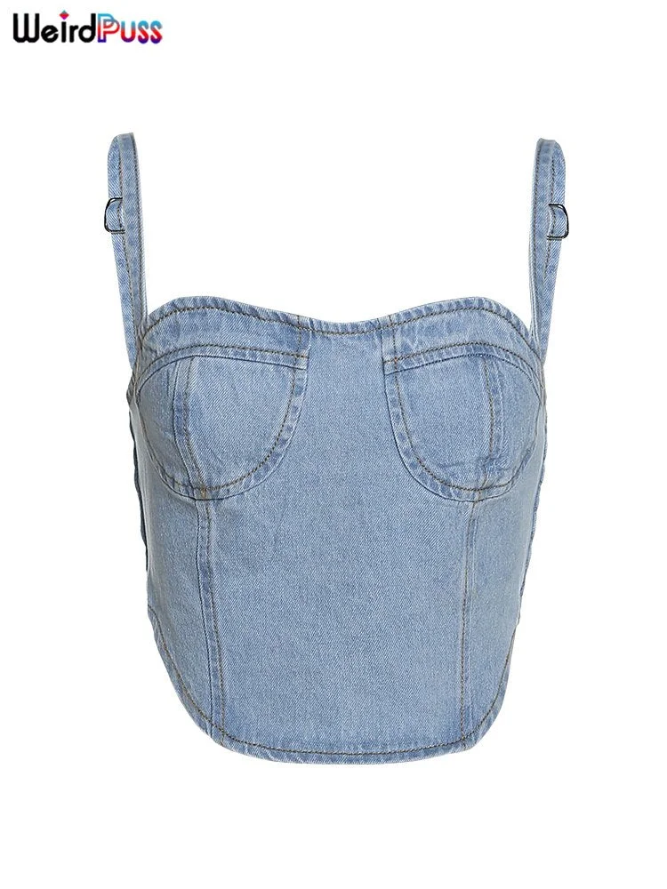 Weird Puss Backless Denim Camisole Y2K Solid Women Sleeveless Backless Sexy Tank Top Trend Street Stretchy Skinny Wild Clothing