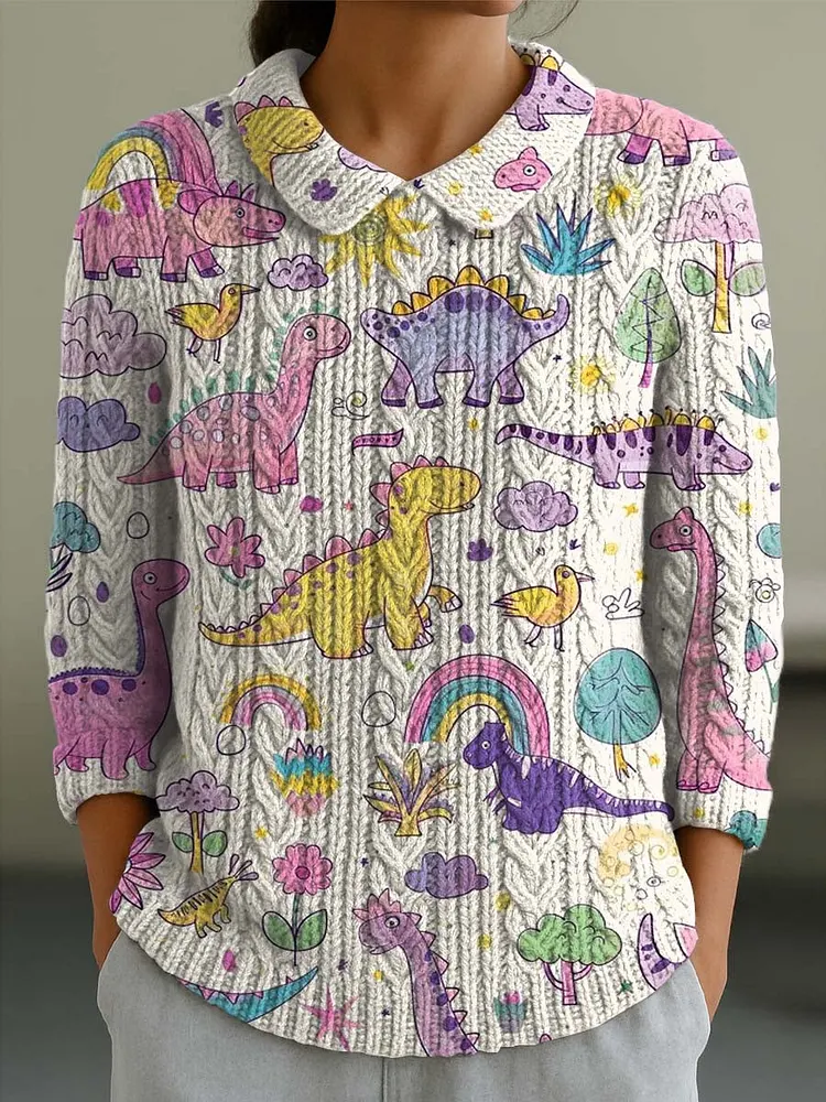 Women's Lovely Dinosaur Art Print Casual Peter Pan Collar 3/4 Sleeve Sweater
