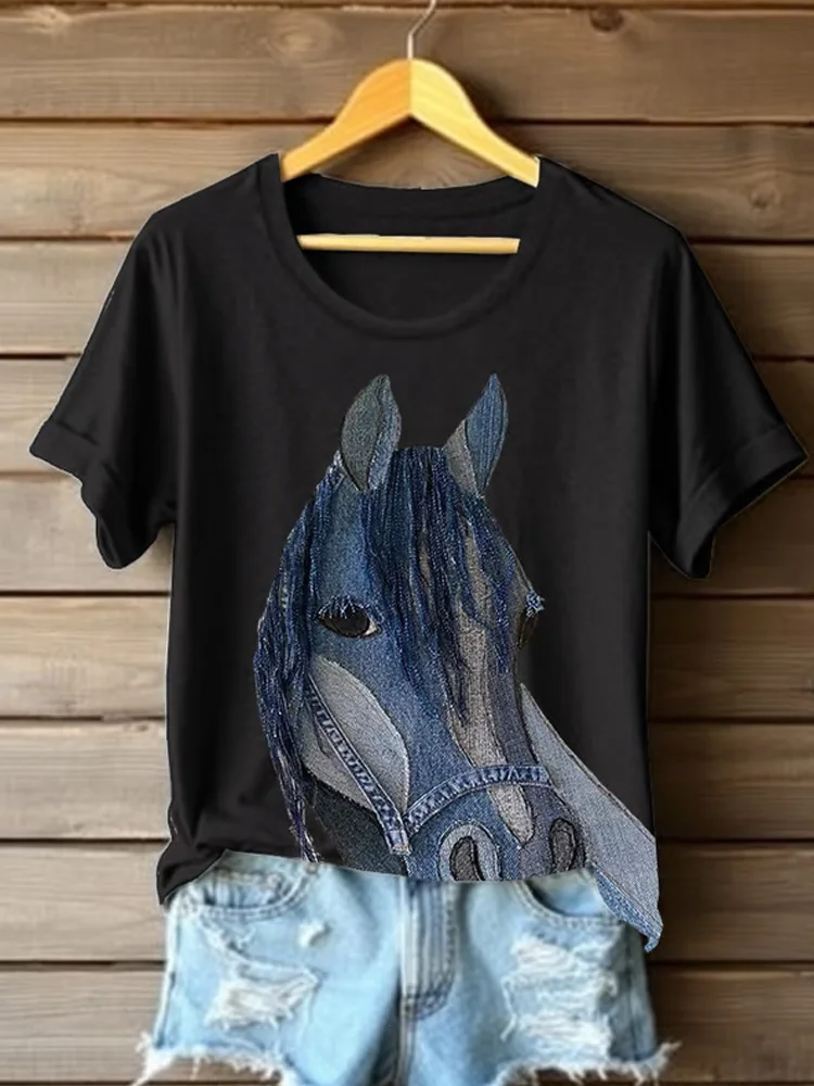 Utbros Women's Horse Print Short Sleeve Casual T-shirt