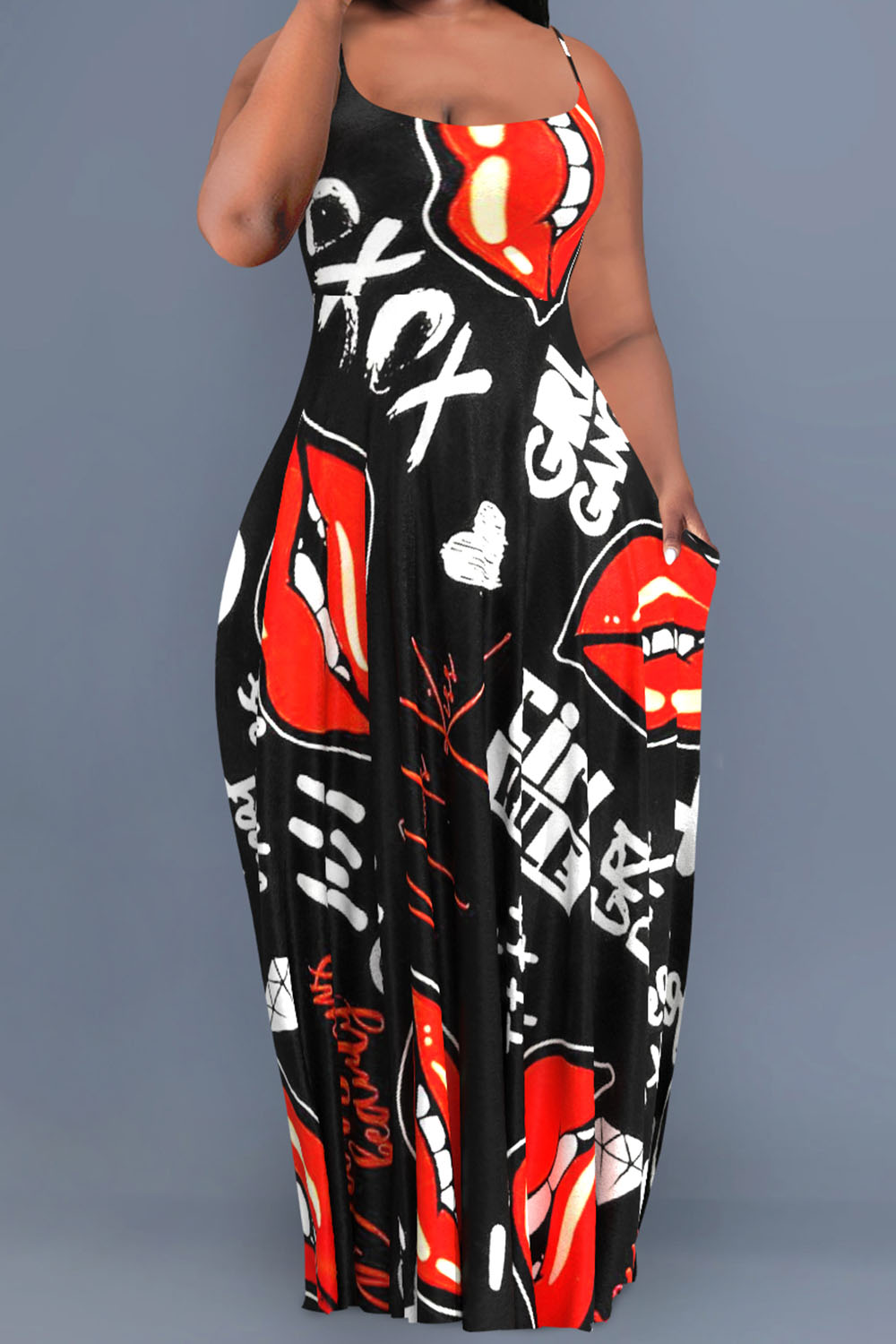 Design Plus Size Daily Lips Graphic Print Camisole Maxi Dresses [Pre-Order]