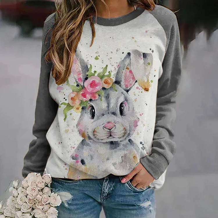 Comstylish Rabbit Animal Floral Print Round Neck Long Sleeved Sweatshirt