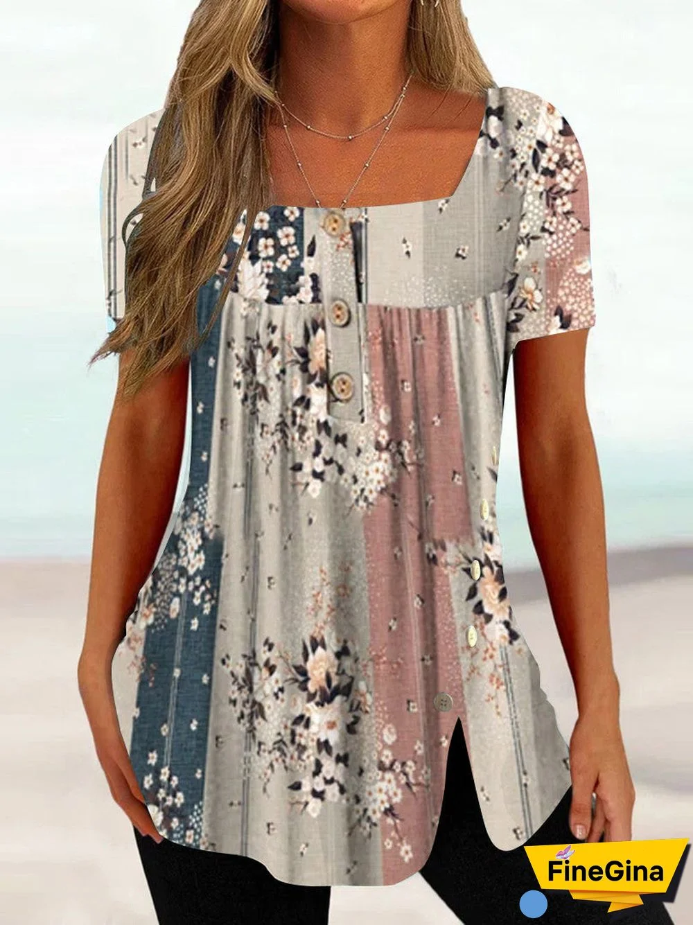 Women Short Sleeve U-neck Stitching Floral Printed Tops