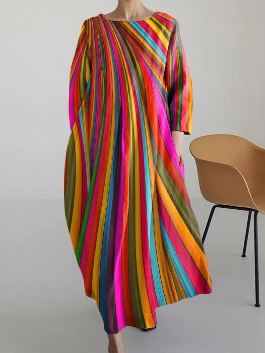 Retro Round Neck Rainbow Striped Casual Dress