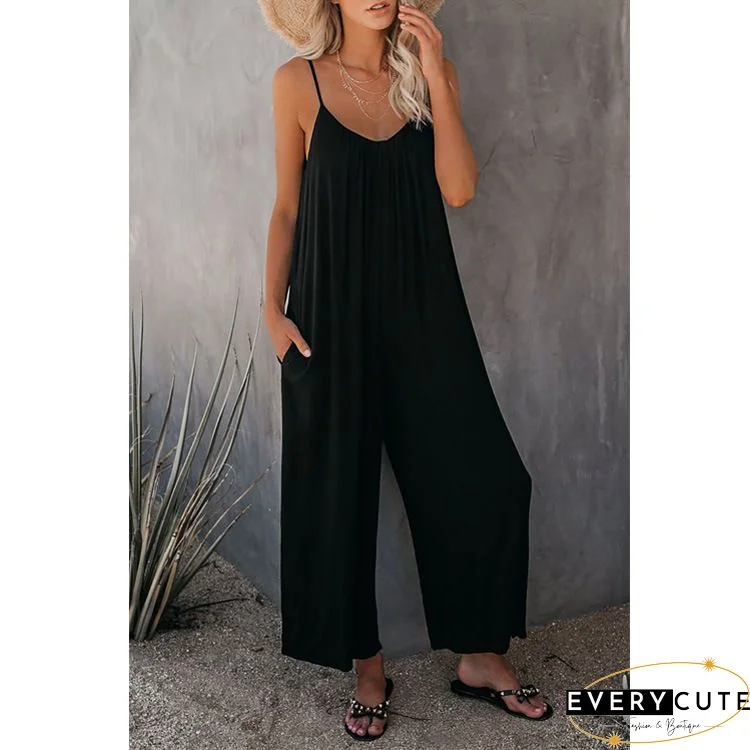Black Frilled Neckline Backless Wide Leg Jumpsuit
