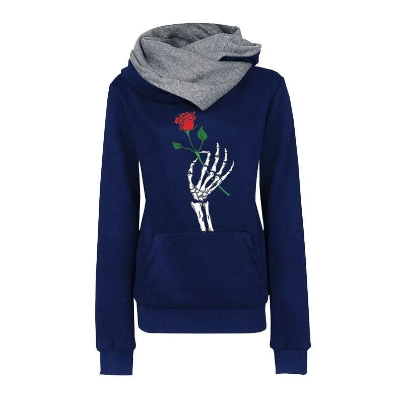 Winter Rose Print Hoodies Women Clothes Fashion Long Sleeve Fleece Keep Vintage Sweatshirt Plus Size Halloween Pullovers Tops