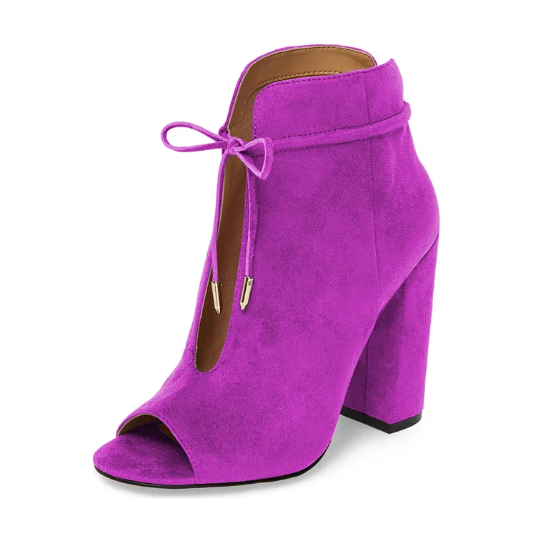 Plum Lace-Up Open Toe Chunky Heel Peep Toe Ankle Boots Vdcoo