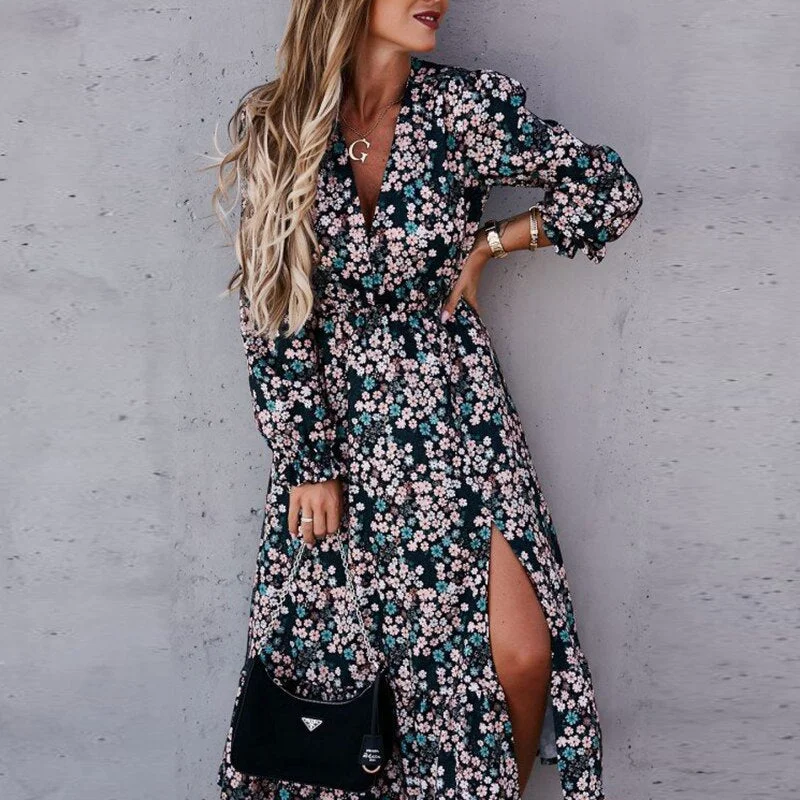 Women Floral Print V Neck Side Slit Party Dress Spring Autumn Long Sleeve Elegant Ladies Sexy Elastic Waist Slim Dress Vestidos