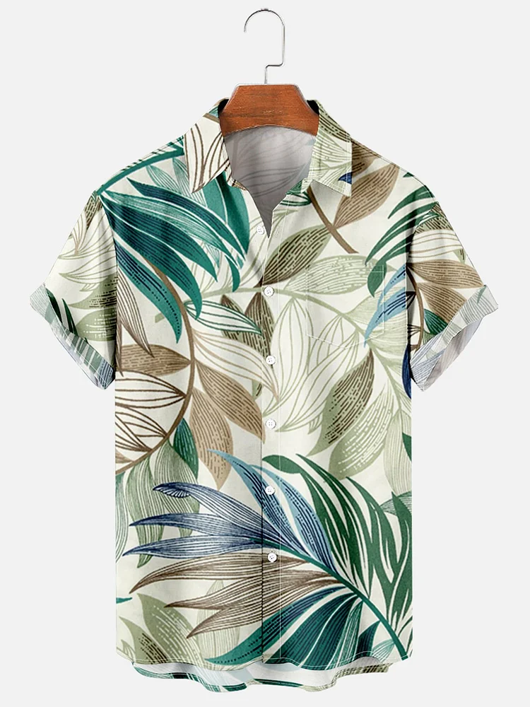 Mens Leaves Print Casual Breathable Chest Pocket Short Sleeve Hawaiian Shirts