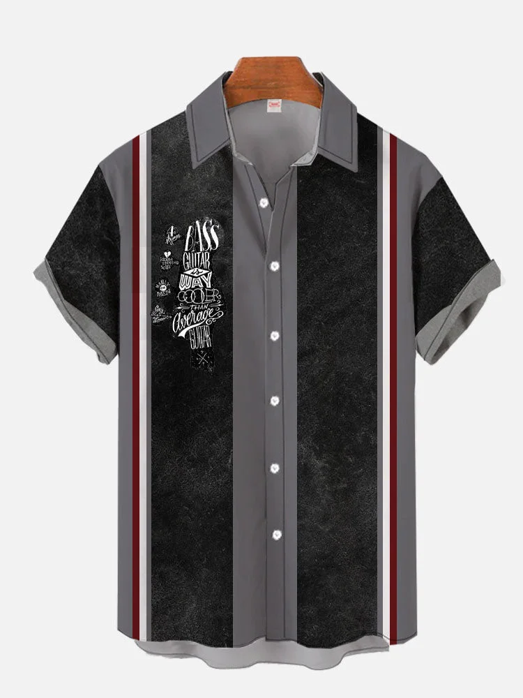 Vintage Black & Gray Stitching Vinyl Record Printing Short Sleeve Shirt