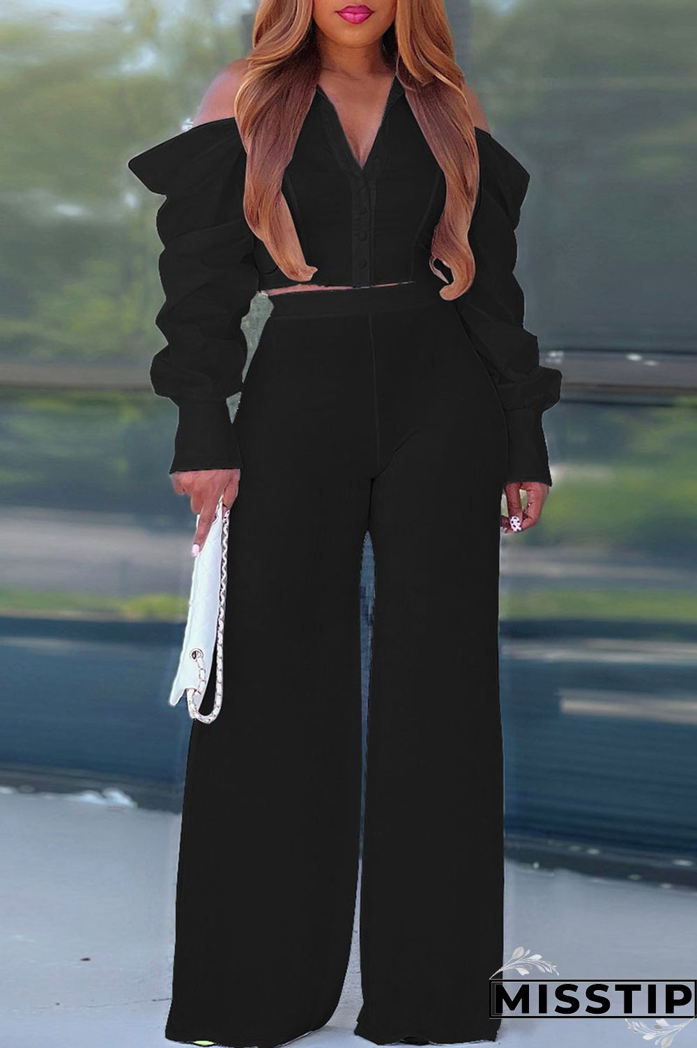 Cream White Casual Solid Patchwork Buckle Turndown Collar Long Sleeve Two Pieces