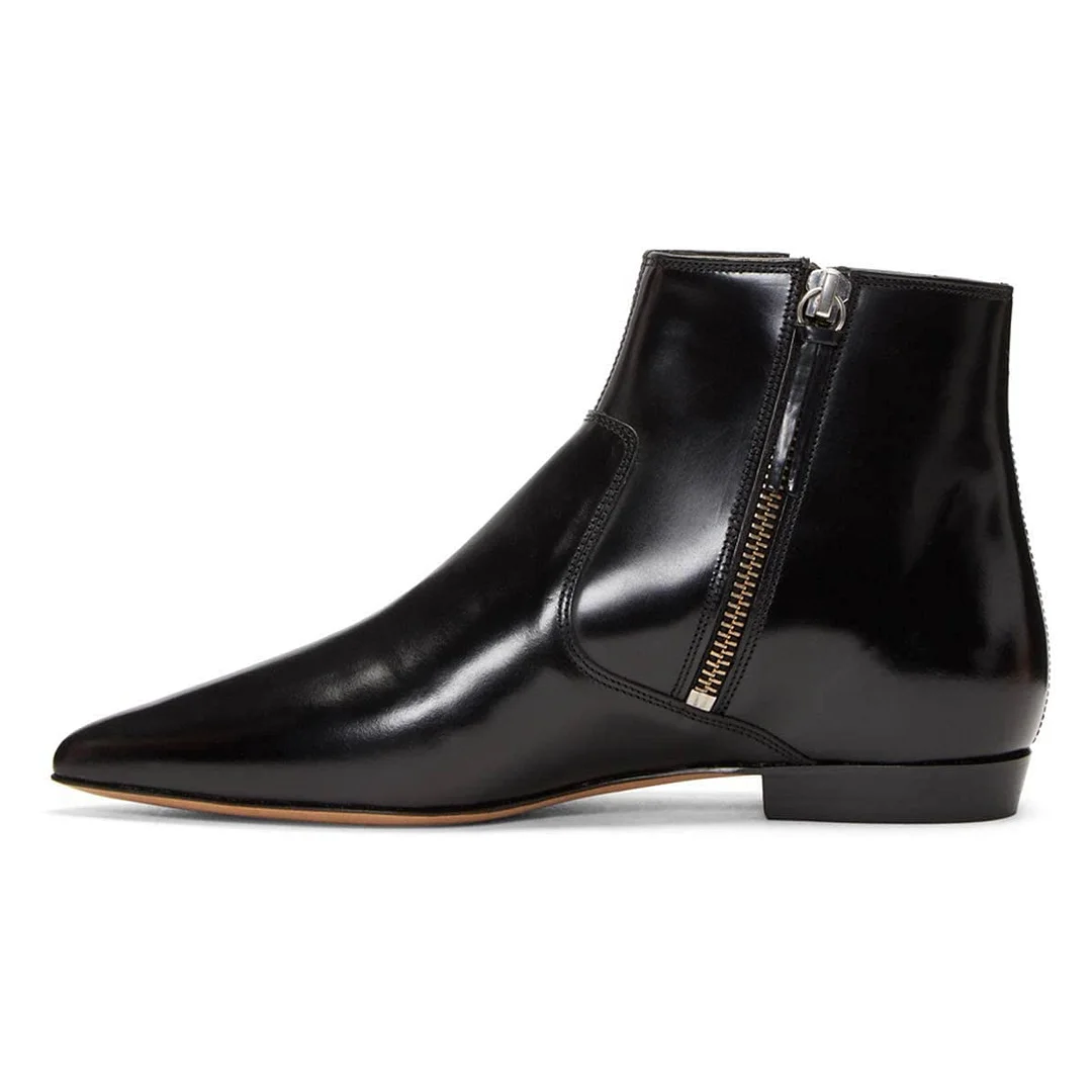 Black Pointed Toe Patent Boots Women's Classic Block Heel Shoes Zipper Up Ankle Boot Nicepairs
