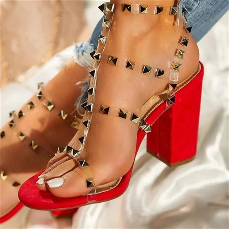 Women High Heels Summer Transparent Rivet Sandals Open Toe Sexy Female High Heels Party Club Buckle Belt High Heels  Ladies
