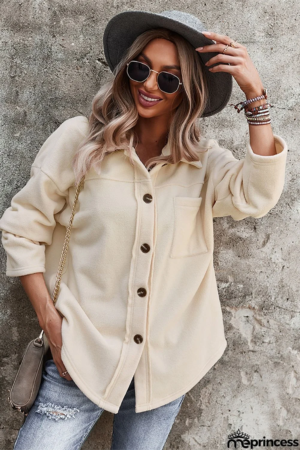 Turn Down Collar Pocket Button Closure Warm Coat