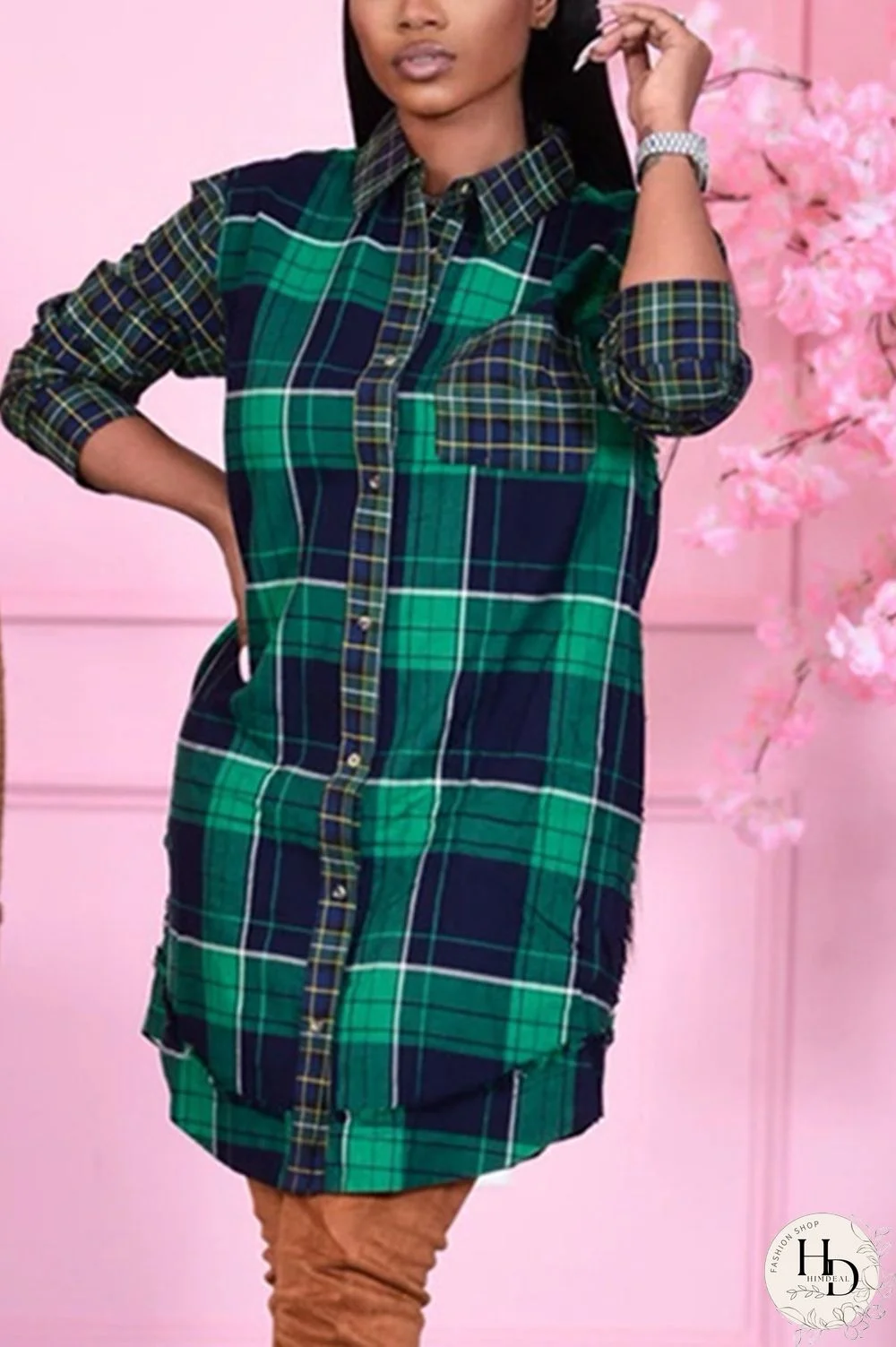 Green Fashion Casual Plaid Print Basic Turndown Collar Shirt Dress