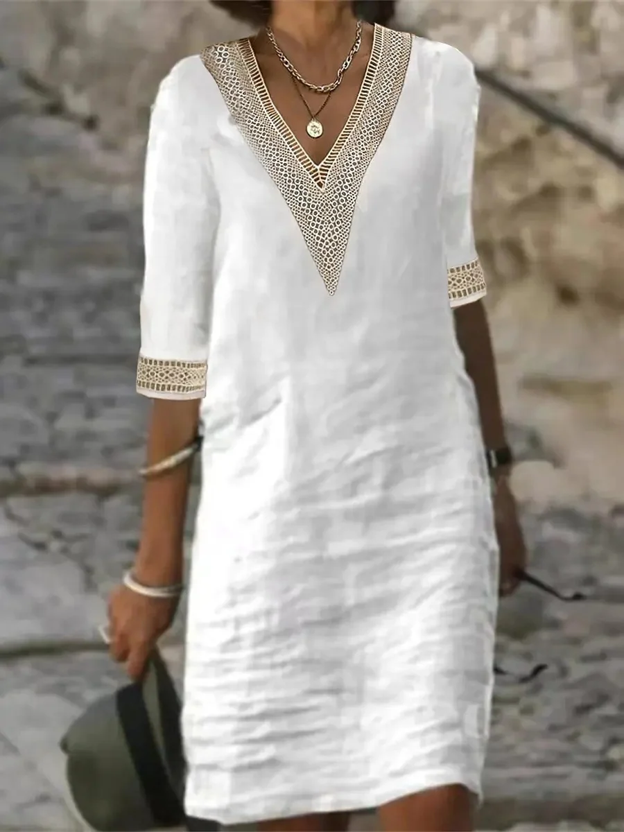 Women's V-neck Mid sleeved Cotton Linen Casual Dress