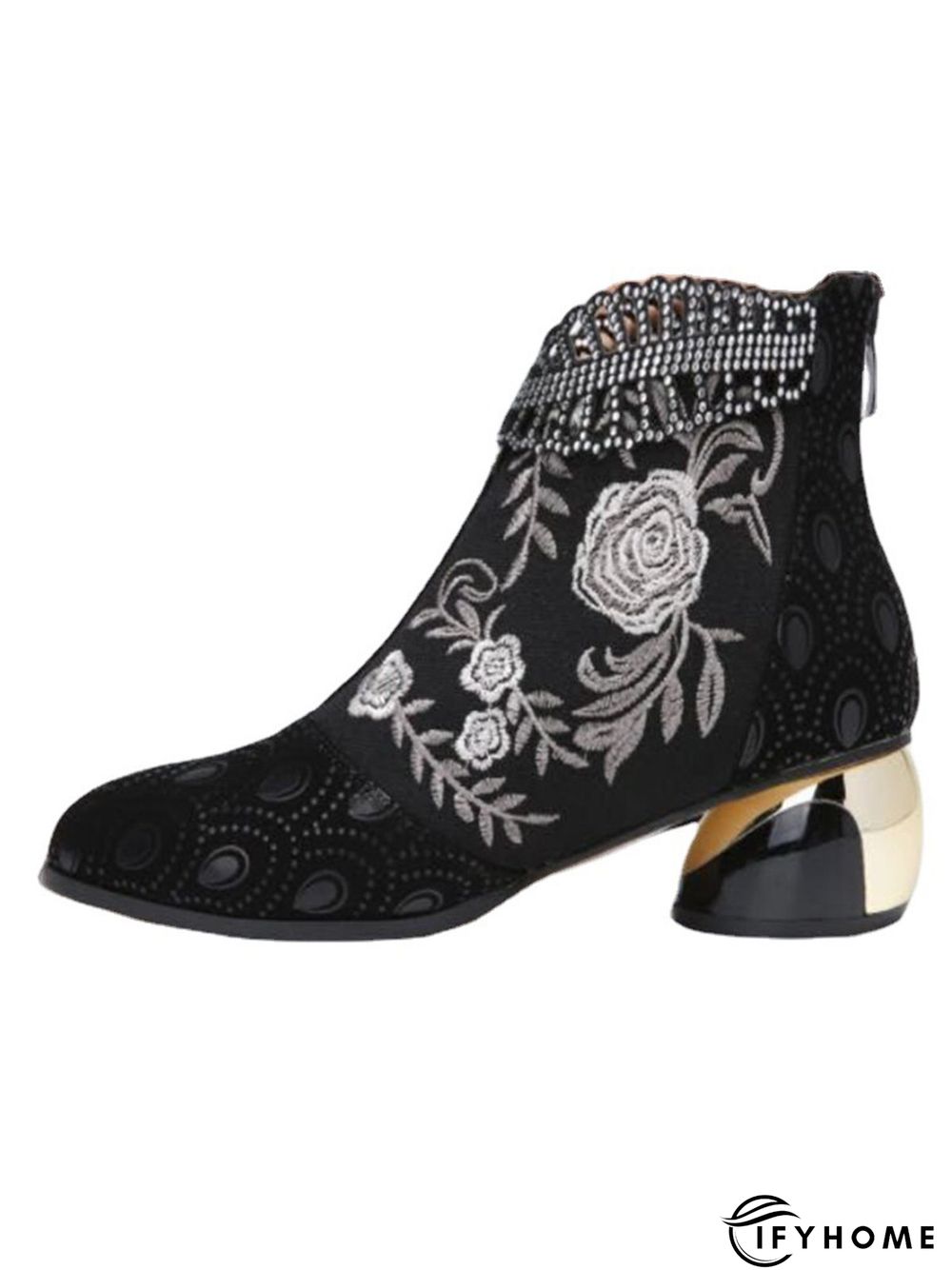 Retro Ethnic Embroidered Rhinestone Chunky Heel Zipper Boots | IFYHOME