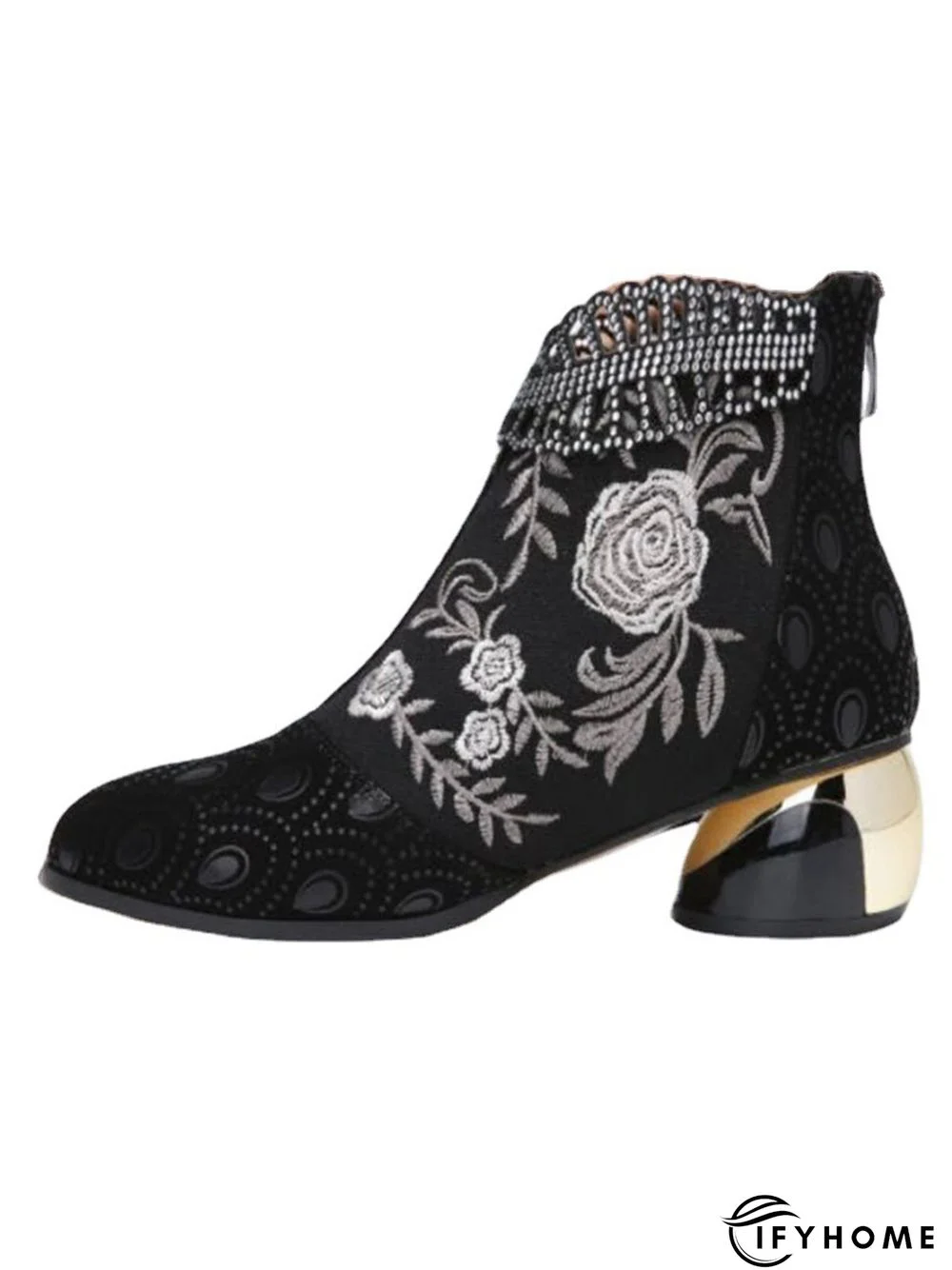 Retro Ethnic Embroidered Rhinestone Chunky Heel Zipper Boots | IFYHOME