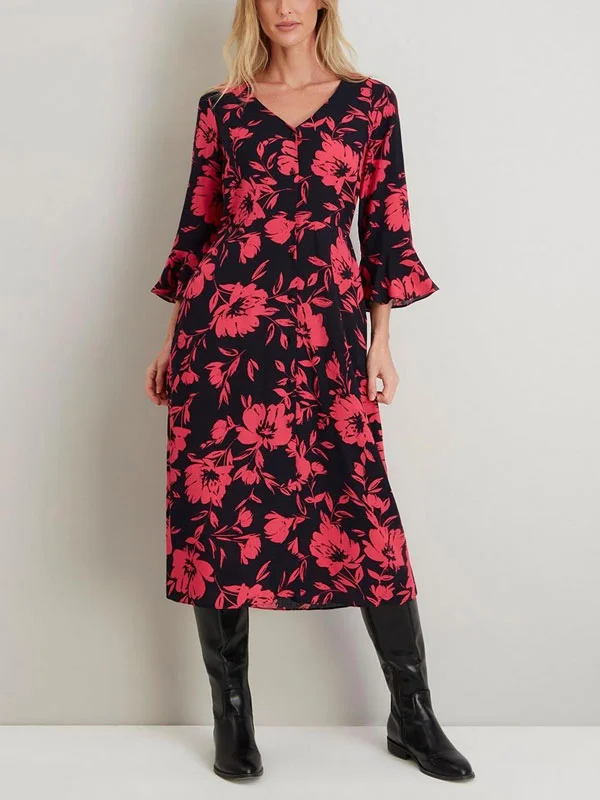 Black And Pink Floral Button Front Midi Dress