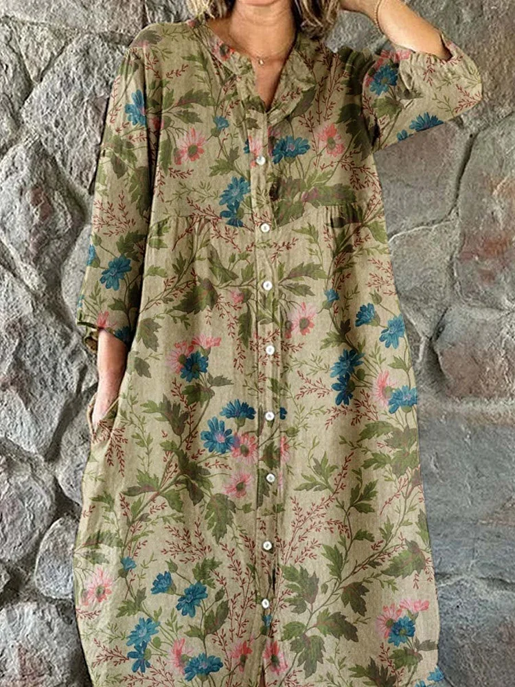 Women's Elegant Floral Pattern Shirt Style Cotton and Linen Dress